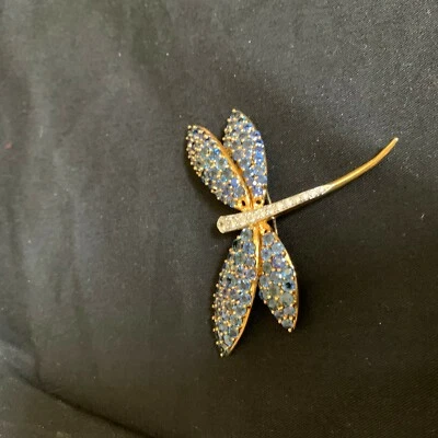 Broche libélula zafiro azul vintage en oro amarillo de 18 quilates con 13 diamantes Foto 1 de 2