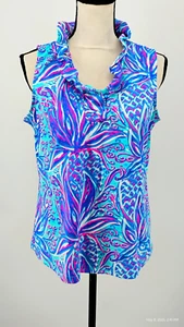 Lulu B Sleeveless Ruffle V-Neck Tank Top UPF 50+ Blue Pink Stretch Pre-Shrunk L - Picture 1 of 19