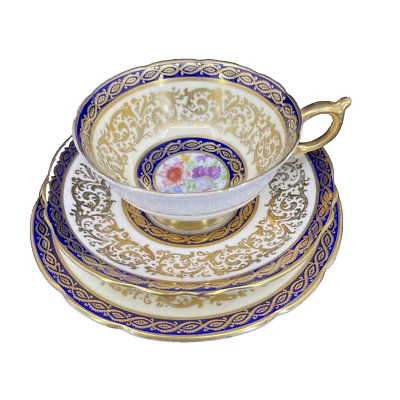 Paragon Decoration Double Warrant Teacup Trio - Cobalt Blue Band Gold Floral - Image 1 of 4