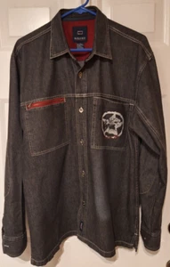 Camisa/chaqueta vintage Bugle Boy para hombre de mezclilla negra con parches en el codo gráficos - Imagen 1 de 8