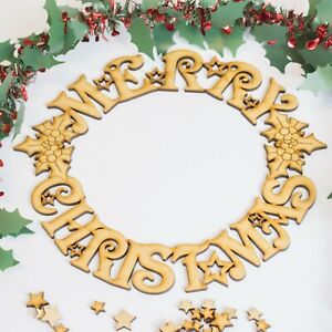 Merry Christmas Wreath - Wooden Laser Cut mdf Craft Shapes Door Tree Decoration 