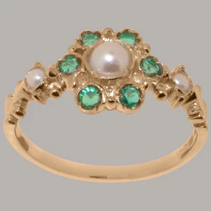 Solid 14k Rose Gold Cultured Pearl & Emerald Womens Ring - Sizes 4 to 12 - Picture 1 of 5