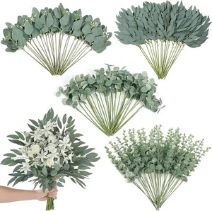 120 Pcs 4 Kinds Mixed Artificial Eucalyptus Leaves Stems Bulk Fake Silver Dol... - Picture 1 of 2