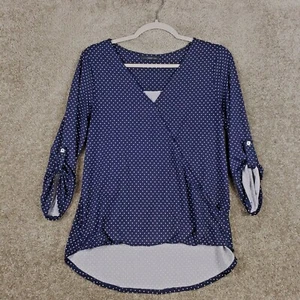 West Kei Blue Polka Dot Wrap Front Roll Tab Sleeve Sz XS Womens Highlow Blouse - Picture 1 of 8