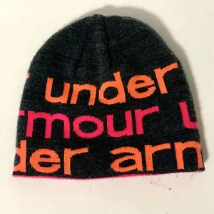 Youth Under Armour Beanie Winter Knit Hat Stocking Cap Girls Gray Pink Orange - Picture 1 of 4
