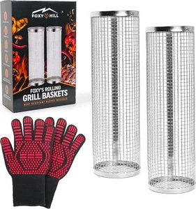 Foxy's Rolling Grill Baskets, 2 PCS, with Pair of Heat Resistant Gloves Included - Picture 1 of 5