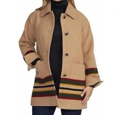 Pendleton Wool Blend Walker Coat Jacket Button Stripe Tan Women Size Medium NWT! - Image 1 of 4