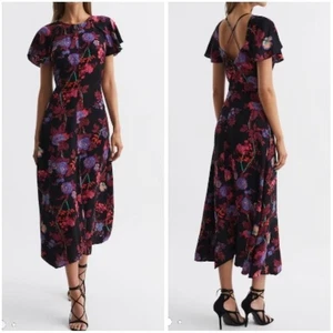 Reiss Leni Fitted Floral Print Midi Dress Womens 6 Black Pink Feminine Wedding - Picture 1 of 13