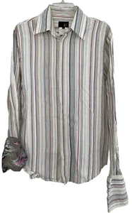 Just Cavalli Mens Size 50 Large Slim Off Wh. Stripe Silk Dress Shirt French Cuff - Picture 1 of 9