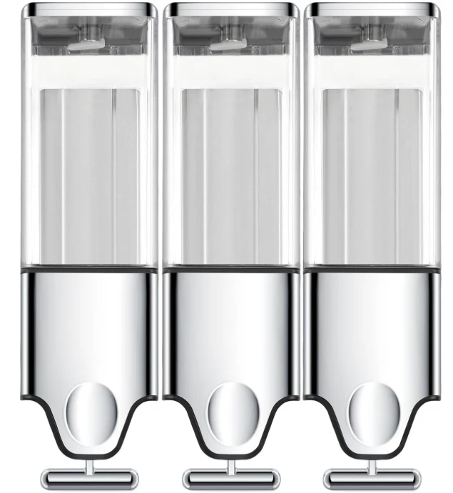 Dispensador triple sin taladro para champú, gel y acondicionador transparente Foto 1 de 4