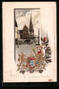 Passepartout-Lithographie Aschaffenburg, Darstellung der Stiftskirche, Wappen  - Picture 1 of 2