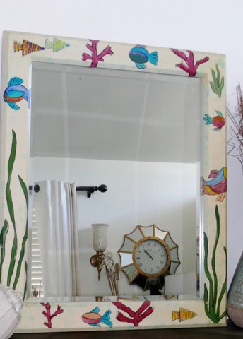 Vtg Hand Painted Nautical Beveled Glass Wood Wall Mirror Fish Coral 30" x 36" Cover