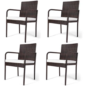 Set of 4 Rattan Wicker Dining Chairs Patio Outdoor w/ Cushion Armrest - Picture 1 of 8