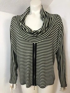 Comfy USA Womens Large Cowlneck Pullover Top Black Light Green Striped Zipper - Picture 1 of 6