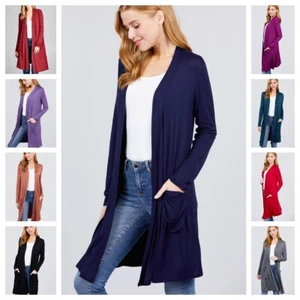 Women's Jersey Knit Open Front Knee Length Long Sleeve Cardigan w/ pockets S-3X - Picture 1 of 28