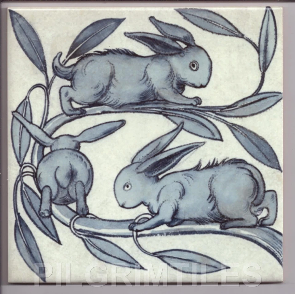William De Morgan Baby Rabbits Kiln Fired Ceramic or Porcelain Tile Blue/Grey - Image 1 of 1