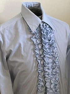 Vtg 70s After Six Blue Formal Tuxedo Ruffle Shirt M - Picture 1 of 9