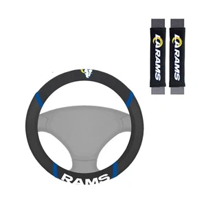 NEW LOS ANGELES RAMS MESH GRIP STEERING WHEEL COVER & 2 SEAT BELT PAD COVERS - Picture 1 of 4
