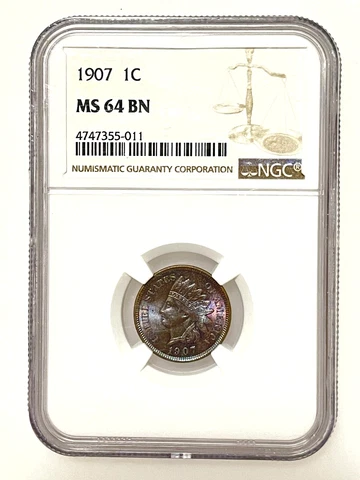 1907 INDIAN HEAD CENT PCGS MS64 BN -ORIGINALLY PURPLE/PINK TONING BOTH SIDES Cover