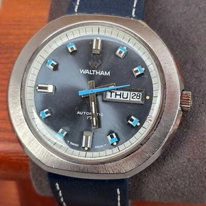 VTG Waltham Automatic Stainless Steel Watch Blue Dial & Leather Strap Swiss 17J - Picture 1 of 10