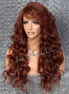 Echthaar Mischung Perücke 25" lang Beachy gewellt kastanienbraun gemischt Pony 33/130 Hitze OK RKY - Bild 1 von 7