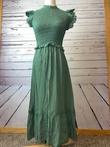 NWT By The River Smocked Tiered Midi Dress Small Green Cottage Anthropologie - Picture 1 of 12