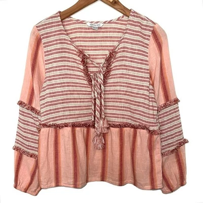 Top campesino American Eagle a rayas mezcla de lino borlas talla XS Foto 1 de 4