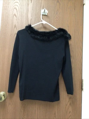 Joseph A. black sweater rabbit fur collar, viscose nylon, festive, holiday, sz M - Image 1 of 4