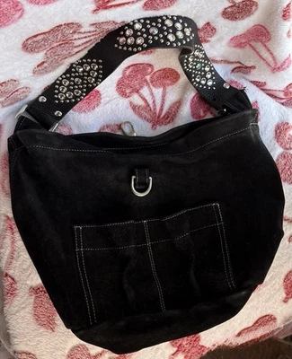 Tylie Malibu Black Suede Bucket Hobo Bag Mcbling Noughties Swarovski Crystals - Image 1 of 4