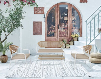 4 tlg. Lounge Set Helles Rattan mit Sitzkissen in beige Gartenmöbel Sofa Tisch - Bild 1 von 4