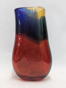 Jarrón de vidrio de estudio multicolor ovalado soplado a mano firmado 10" de alto rojo púrpura naranja - Imagen 1 de 4
