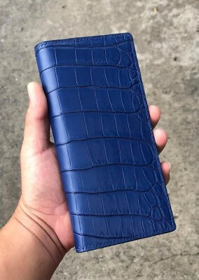 Men Leather Long Wallet, Real Checkbook Purse, Double Sided Skin, RFID BLUE - Image 1 of 4