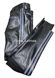 Men's Original Cow Black Leather Biker Jeans With Gray Stripes Saddle Seat Pant - Picture 1 of 4