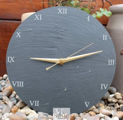 Welsh Slate Engraved Wall Clock 'Roman Numerals' Battery Included - Image 1 of 4