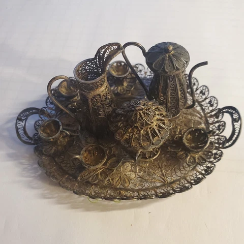 Antique Rare 10-piece Austrian Filigree Miniature Tea Set Artisan Cover