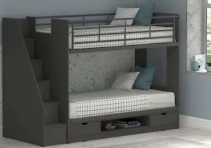 Grey Bunk Beds With Storage Stairs - Drawers - Staircase Fits Left or Right Side - Picture 1 of 13