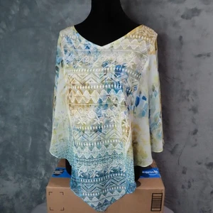 OneWorld Live and Let Live Bluse Damen mittelblau gelb Boho Poncho Tunika - Bild 1 von 9