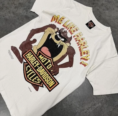Camiseta Harley Davidson X Taz 1992 vintage a rayas para hombre mediana WhiteLooney Tunes Foto 1 de 4