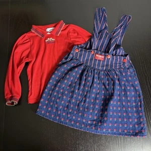Vintage 80s OSHKOSH Girls Size 4T/5 Blue Denim Flower Overall Dress & Shirt Set - Picture 1 of 13