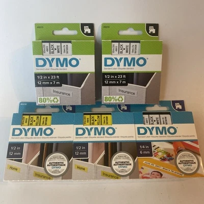 "Cinta para hacer etiquetas Dymo D1 negra blanca amarilla lote de 5 45018 43613 45013 1/2"" 1/4""" Foto 1 de 4