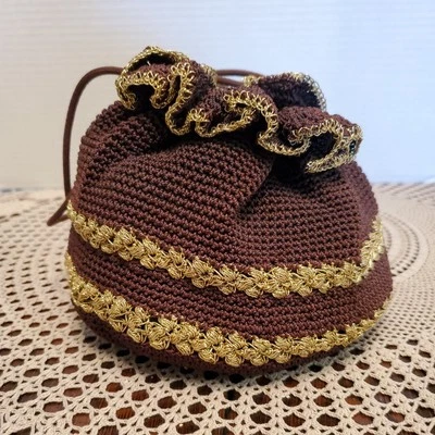 Vintage Crochet Dark Brown & Metallic Gold Drawstring Bag Handbag Purse  - Image 1 of 4