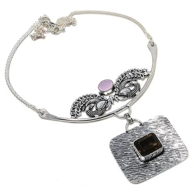 Collana In Argento Sterling 925 Con Gemma Di Topazio Affumicato E Calcedonio 18" - Immagine 1 di 4