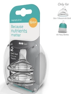 2-Pack NANOBEBE 6m+ Extra Soft Clear Silicone Nipples Fast Flow NEW SEALED - Image 1 of 4