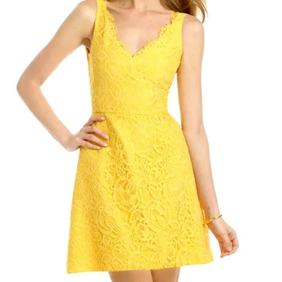 Vestido ML Monique Lhuillier Ever After Amarillo Brillante Floral Encaje con Bolsillos Talla 10 Foto 1 de 4