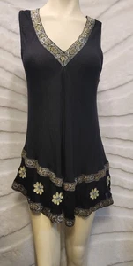 Raya Sun Tank schwarz Leinen Gr. Large Vintage Kleid knielang bestickt A-Linie - Bild 1 von 10