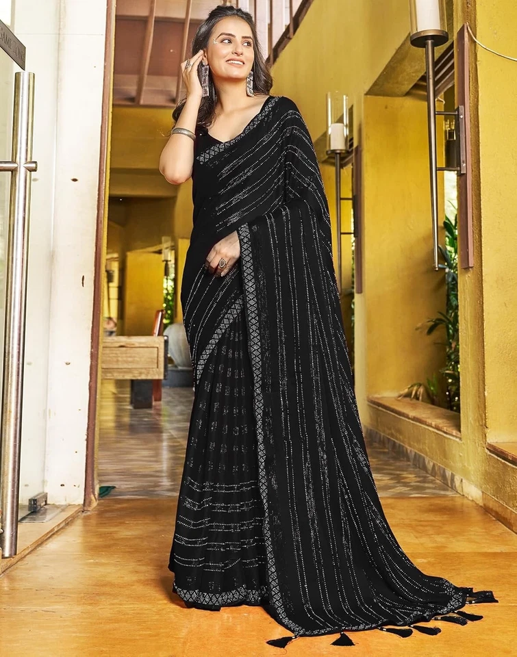 Chiffon Hot Fixing Stone Work Saree With Unstitched Blouse Piece - Image 1 of 1