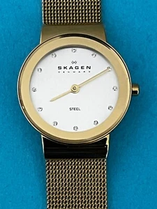 Skagen Freja Womens Gold Tone Steel Mesh Analog Watch New Battery - Picture 1 of 11