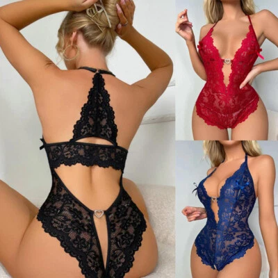 Women Lingerie One Piece Lace Babydoll Sexy Mesh Teddy See Through Bodysuit - Image 1 of 4
