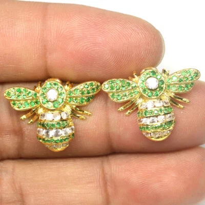 Pendientes de granate tsavorita verde sin calentar y circonitas cúbicas de plata 925 de oro blanco  Foto 1 de 4