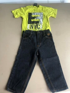 ENYCE 2T Green Short Sleeve Shirt & 2T Dark Blue Jeans Set - Picture 1 of 6